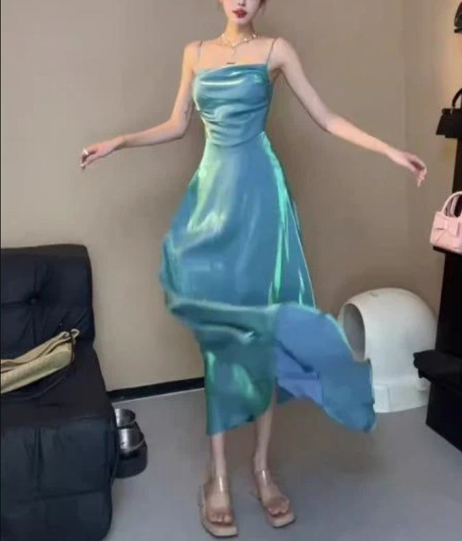 Luolandi Spaghetti Straps Blue Sheath Long Prom Dresses Charming Evening Party Dress