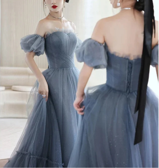 Luolandi Beautiful Blue Glitter Gown Dress Long Prom Long Dress Evening Gown Off Shoulder Elegant