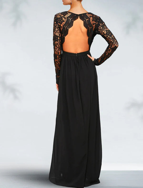 Luolandi A-Line Evening Dress Black Dress Plus Size Open Back Dress Formal Wedding Guest Floor Length Long Sleeve V Neck Gothic Chiffon with Pleats Mother of the Bride Dress