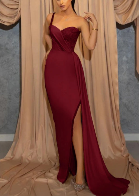 Luolandi Sky Blue One Shoulder Spaghetti Strap Sweetheart Mermaid Evening Dress With Sequins Split Elegant