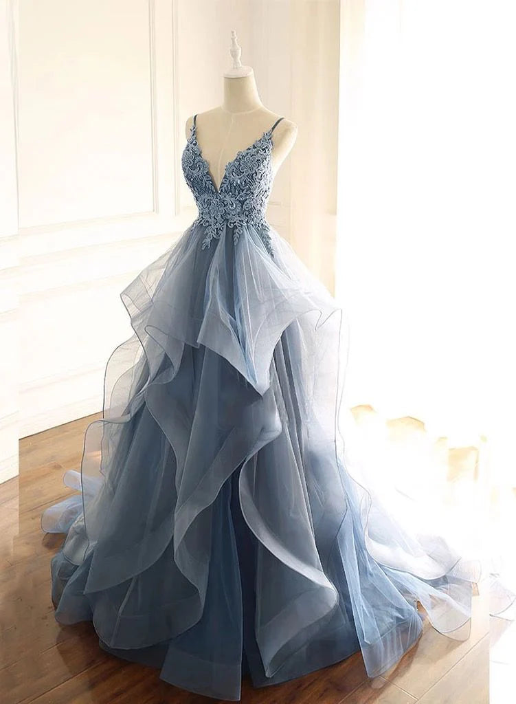 Luolandi tulle long prom dress with spaghetti straps and ruffled floor length charming skirt