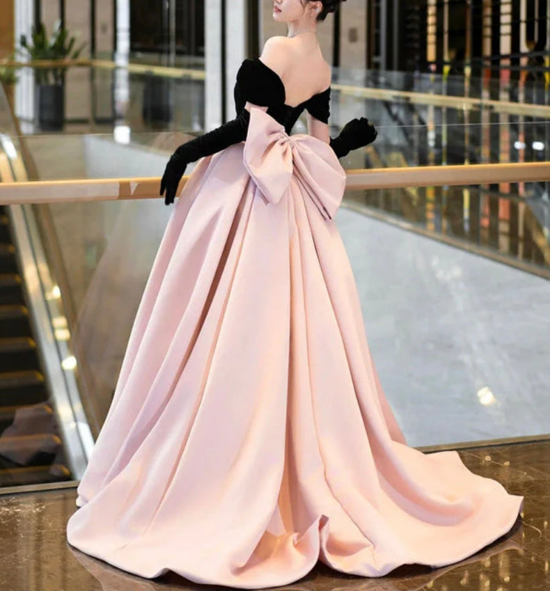 Luolandi Black Velvet and Pink Satin Long Prom Dress Beautiful A-Line Off the Shoulder Party Dress Without gloves
