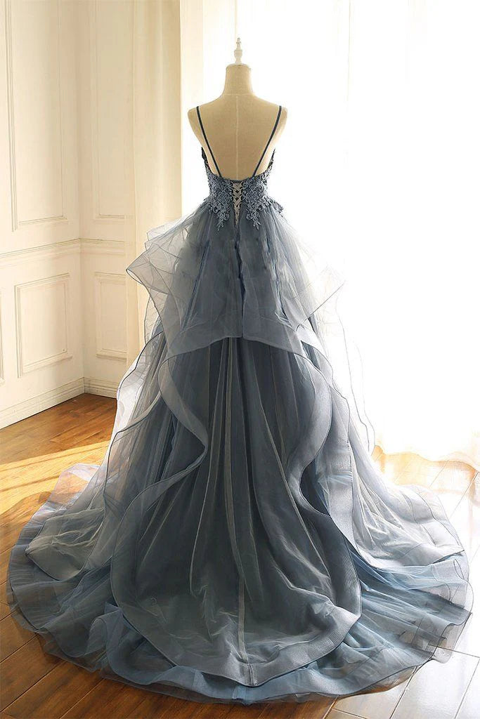 Luolandi tulle long prom dress with spaghetti straps and ruffled floor length charming skirt