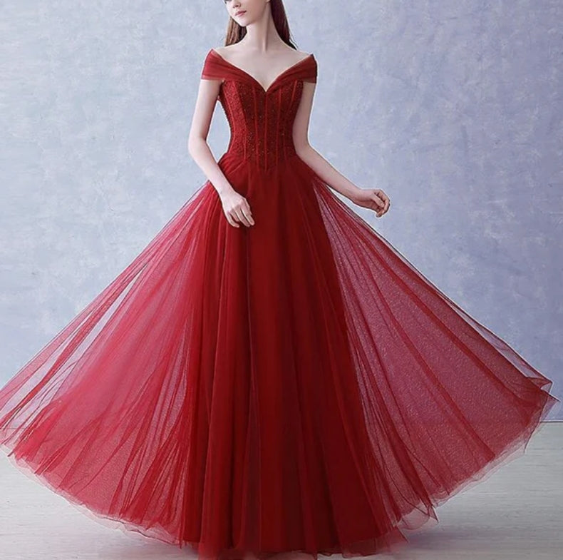 Luolandi A-line Wine Red Tulle Beaded Long Party Dresses Formal Dress Dark Red Beaded Party Dress Prom Dress