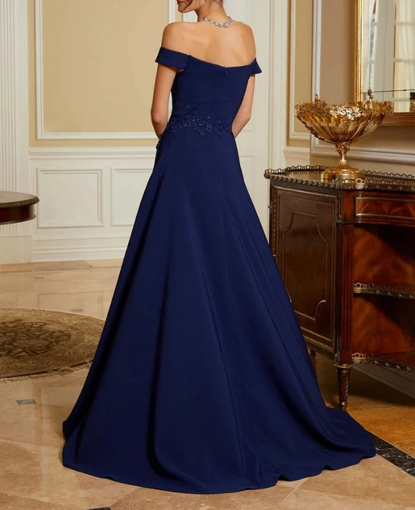 Luolandi A-Line Off Shoulder Mother of the Bride Dress Evening Dresses Wedding Guest Dresses With Appliques And Slit