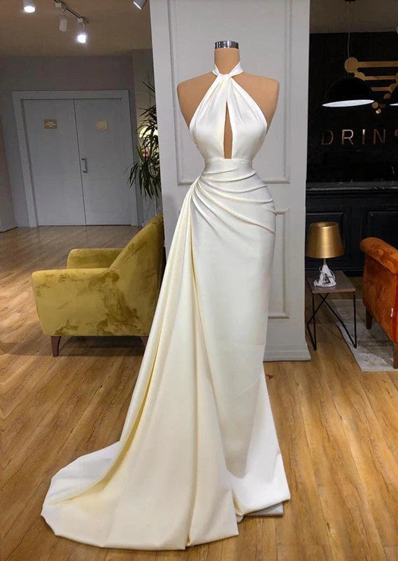 Luolandi Ivory Halter Long Prom Dress With Split Detachable Train Sexy Evening Dress Party Dress Solid Color