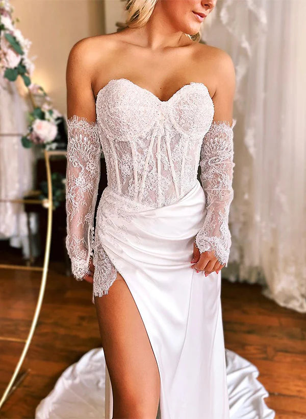 Luolandi Sweetheart Satin Wedding Dresses With Split Front Off Shoulder With Sleeves Sexy