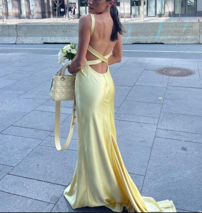 Luolandi Yellow V Neck Backless Mermaid Long Party Dress Sexy Evening Dress Formal Dress