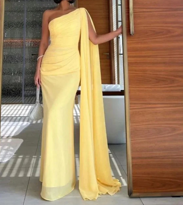 Luolandi Yellow One Shoulder Long Prom Dress Formal Party Dress Elegant Wedding Guest Dress
