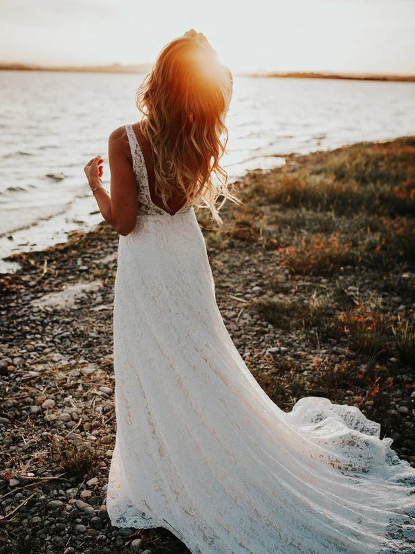 Luolandi Lace A-line Backless Chapel Train Wedding Dresses Sleeveless Bridal Gowns Elegant