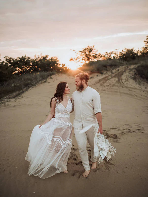 Luolandi Stunning Bohemia A-Line Lace V-Neck Spaghetti Straps Wedding Dress Elegant