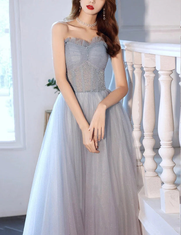 Luolandi Cute Strapless Tulle Long Prom Dress A-Line Formal Evening Dress Party Dress