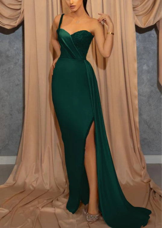 Luolandi Sky Blue One Shoulder Spaghetti Strap Sweetheart Mermaid Evening Dress With Sequins Split Elegant