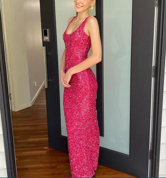 Luolandi Fuchsia Spaghetti Straps Sequins Mermaid Long Party Dress Sparkly Evening Dress
