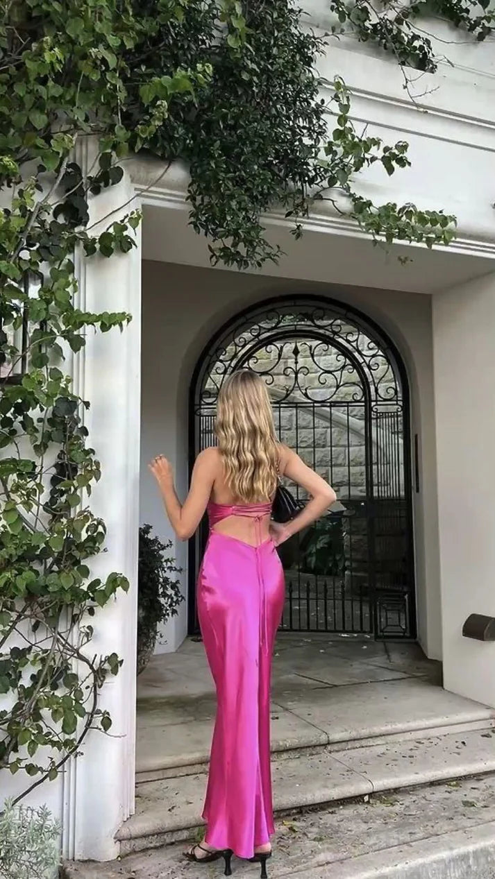 Luolandi Fuchsia Spaghetti Straps Sheath Long Party Dress Wedding Guest Dress Simple Formal Dress