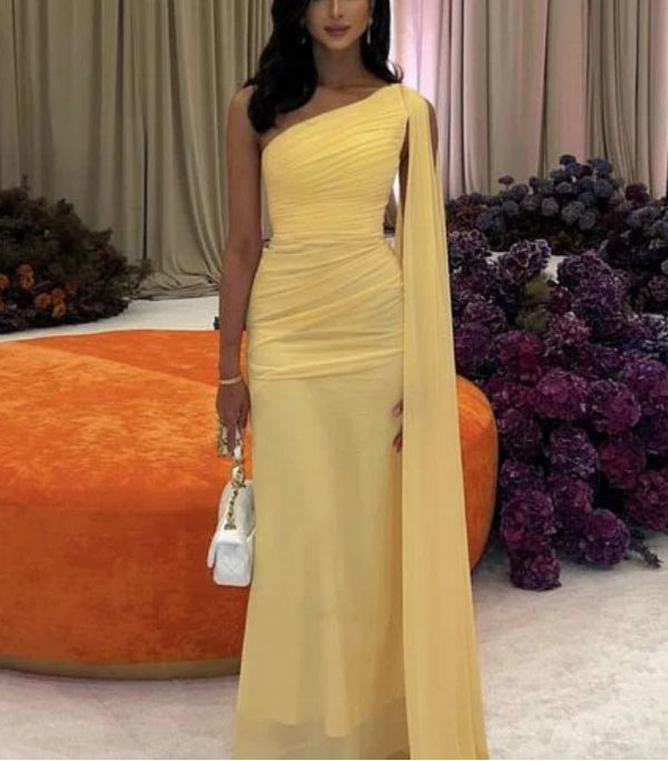 Luolandi Yellow One Shoulder Long Prom Dress Formal Party Dress Elegant Wedding Guest Dress