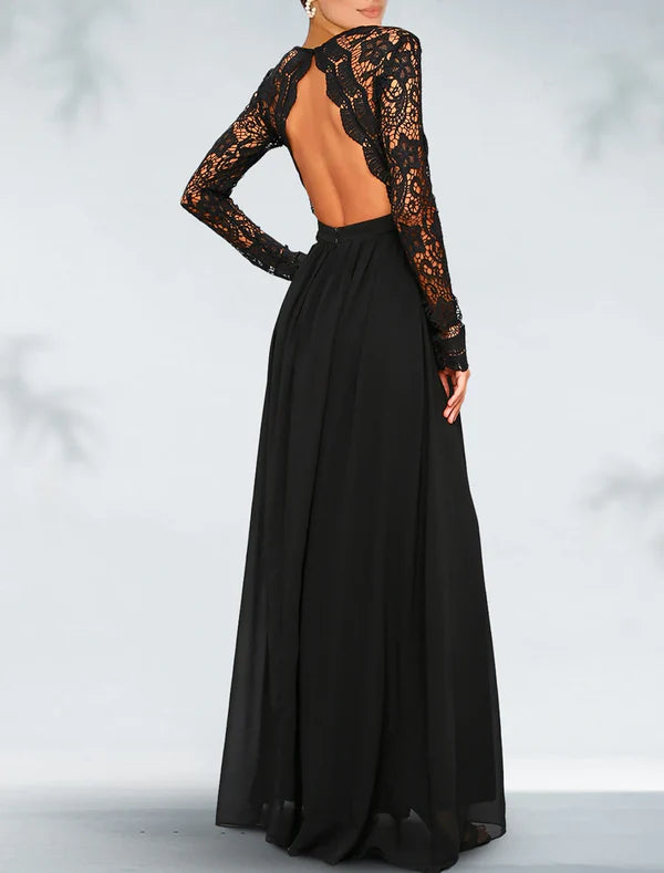 Luolandi A-Line Evening Dress Black Dress Plus Size Open Back Dress Formal Wedding Guest Floor Length Long Sleeve V Neck Gothic Chiffon with Pleats Mother of the Bride Dress