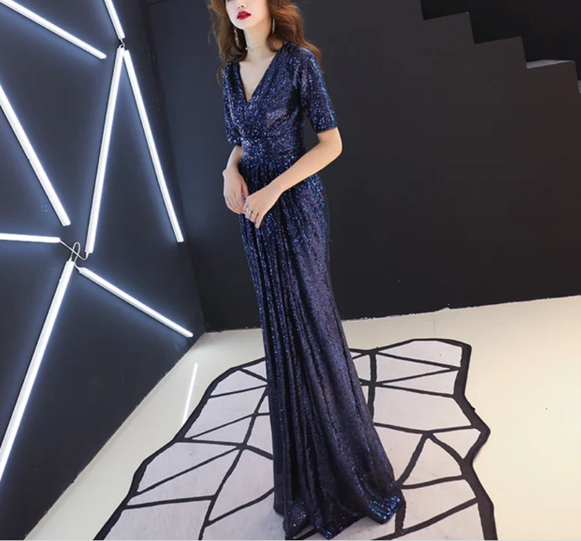 Luolandi Blue Sequins Short Sleeves A-line Long Bridesmaid Dresses Sequins Evening Dress Party Dress Sparkly