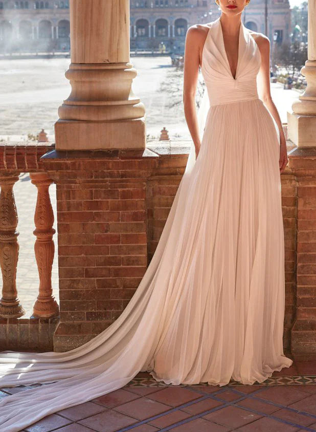 Luolandi Plunge A-Line Chiffon Pleated Wedding Dresses V-neck Floor Length Solid Color Elegant