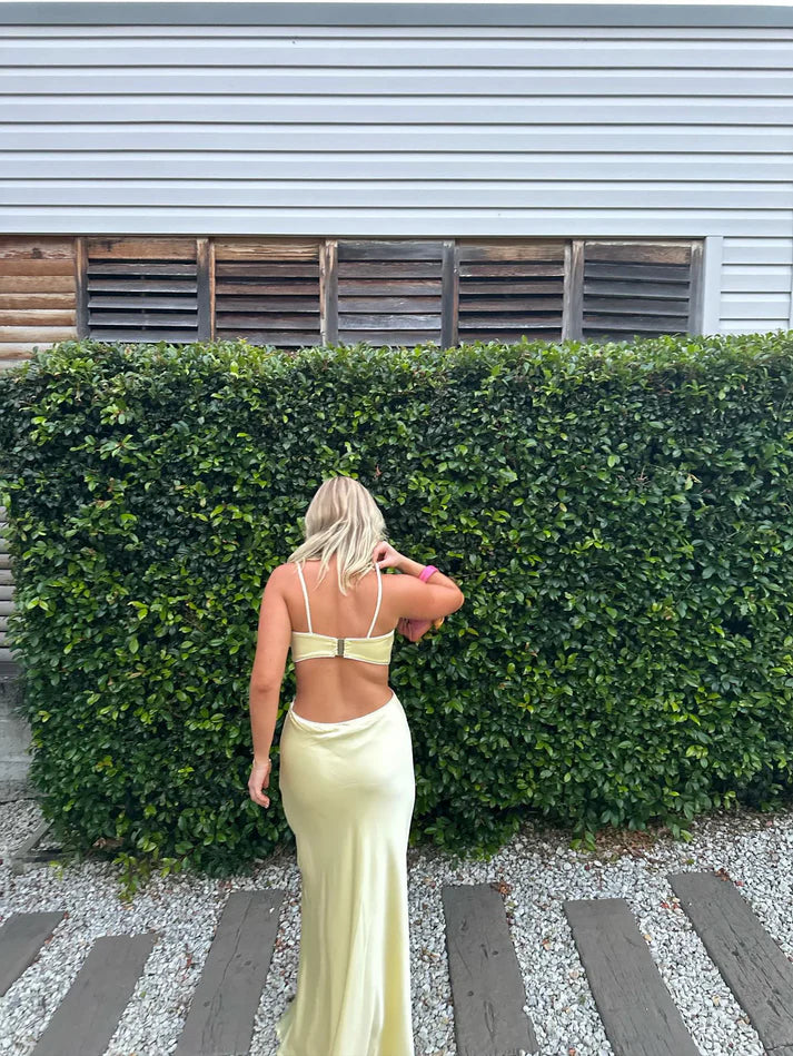 Luolandi Light Yellow Backless Satin Party Dress Wedding Guest Dress Formal Dress