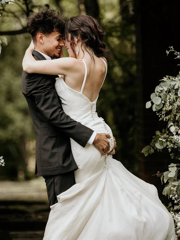 Luolandi Fabulous Mermaid Satin Spaghetti Straps Backless V-Neck Simple Wedding Dresses