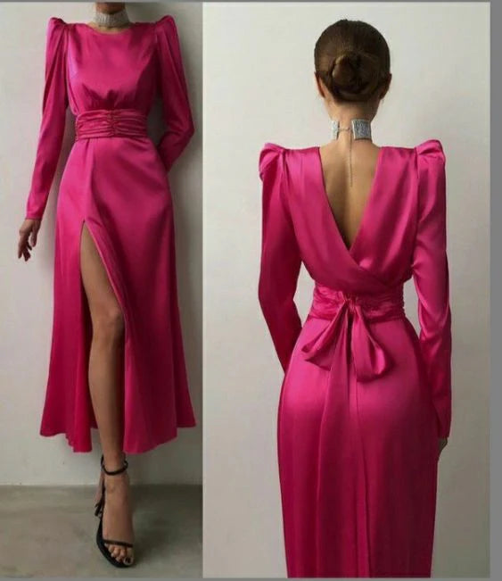 Luolandi Fuchsia Long Sleeves Midi Length Party Dress Elegant Evening Dress Formal Dress With Slit