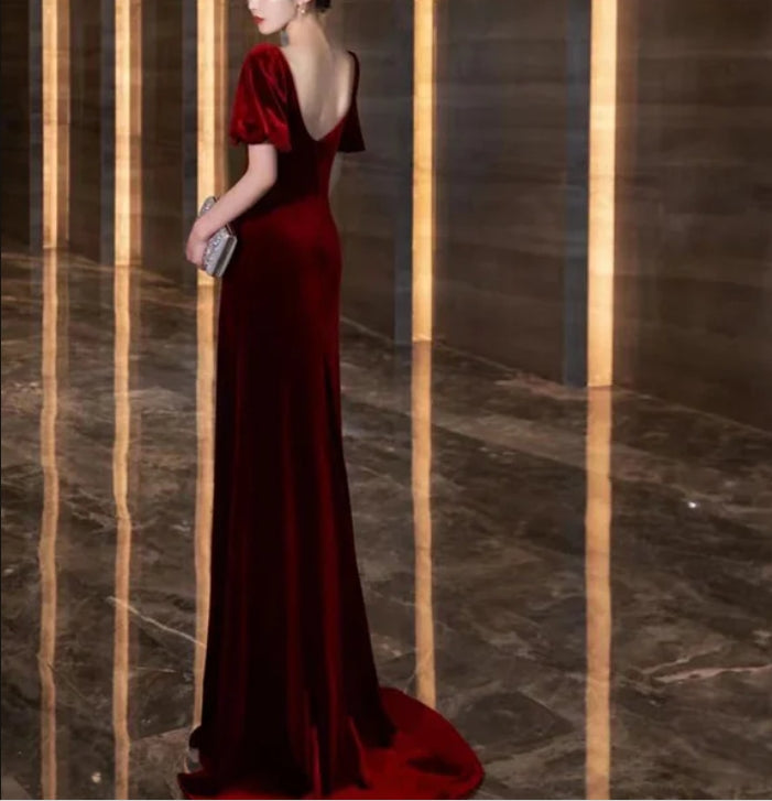 Luolandi Wine Red Velvet Long Round Neckline Party Dress Prom Dresses Short Sleeves Elegant Evening Dress