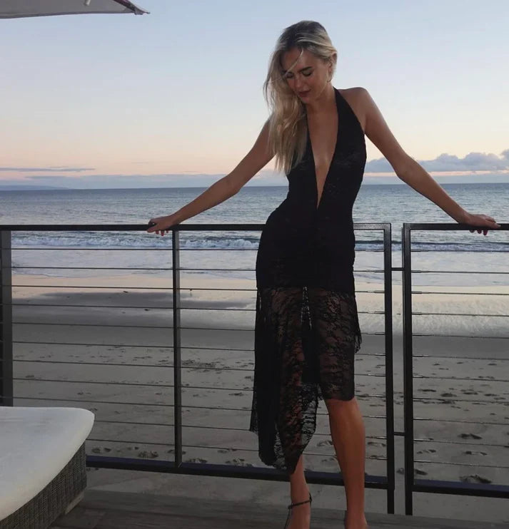 Luolandi Black Halter Deep V Neck Lace Sexy Party Dress Charming Evening Dress Formal Dress