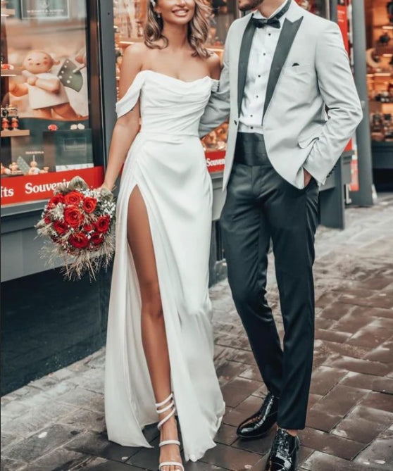 Luolandi Off-The-Shoulder A-Line Satin Wedding Dresses With Split Front Solid Color Simple Sexy Formal Dress