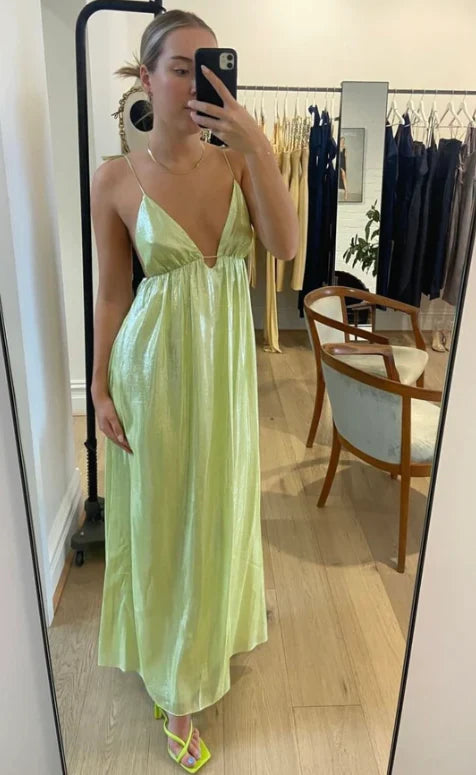 Luolandi Chic Green V Neck Backless A-Line Elegant Party dress Formal Dress Evening Dress
