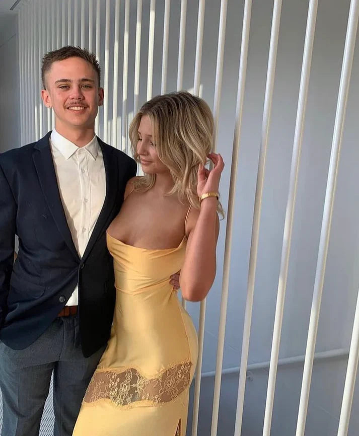 Luolandi Yellow Backless Lace Slit Party Dress Simple Wedding Guest Dress Charming