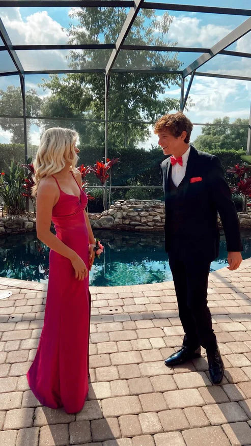 Luolandi Hot Pink Spaghetti Straps Long Prom Dress Sleeveless Sexy Party Dress Solid Color