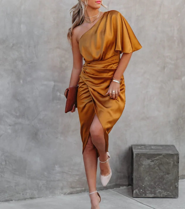 Luolandi One Shoulder Split Midi Length Wedding Guest Dress Party Dress Cocktail Dress