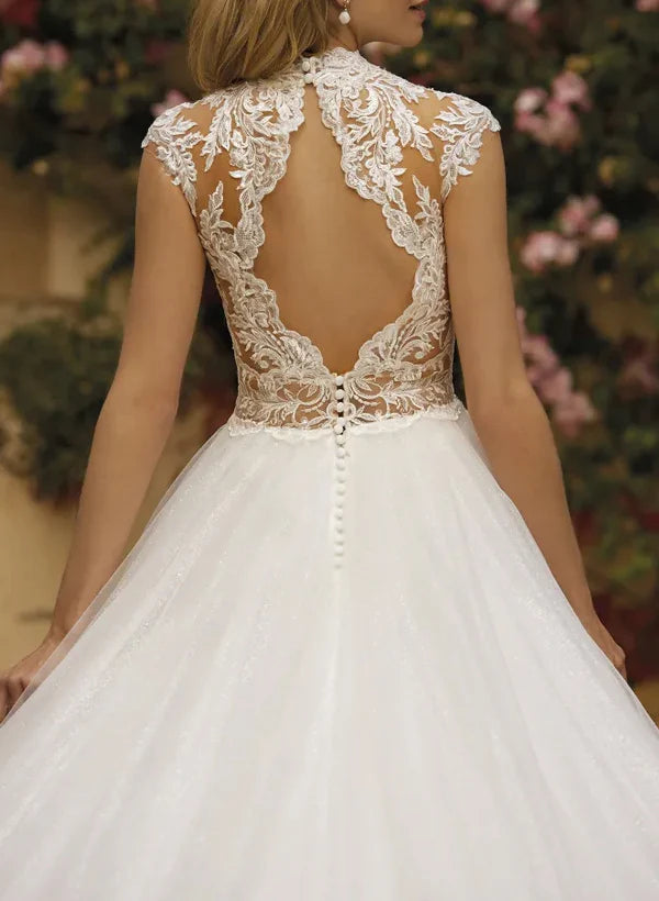 Luolandi High Neck Sleeveless Lace/Tulle A-Line Wedding Dress With Back Hole Elegant