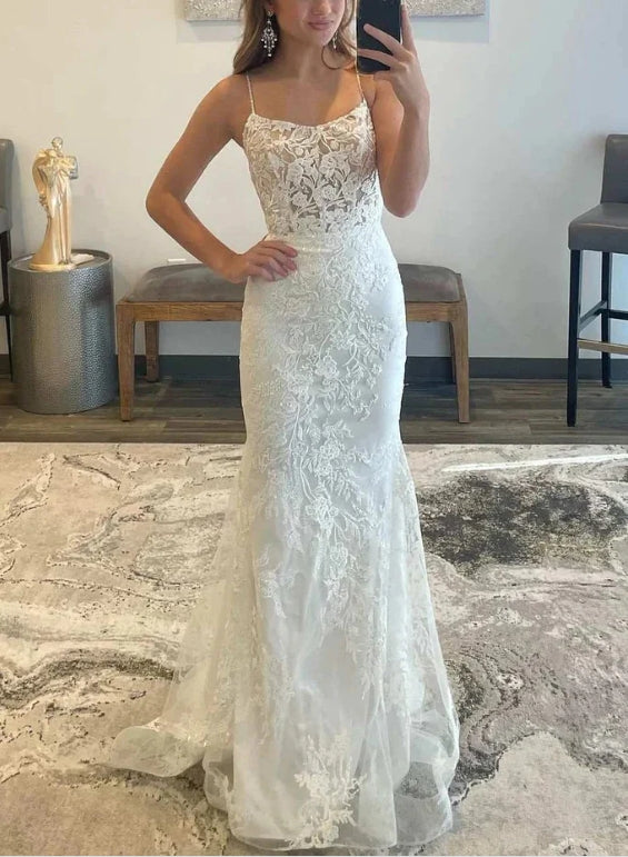 Luolandi Tulle Lace Appliques Mermaid Long Prom Dress Light Wedding Dress Charming