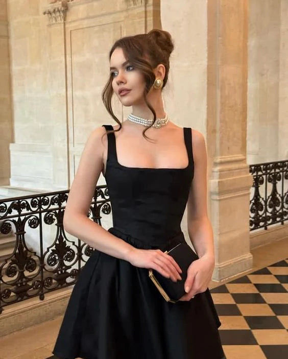 Luolandi Dress Black Square Neck Mini Homecoming Dress Short Simple Evening Party Dress