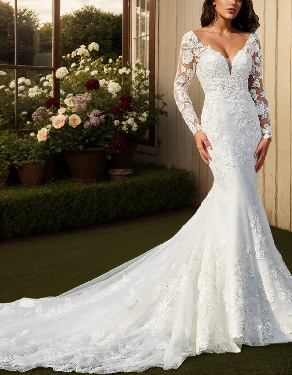 Luolandi Trumpet/Mermaid V-Neck Long Sleeves Sweep Train Lace Wedding Dresses with Appliques