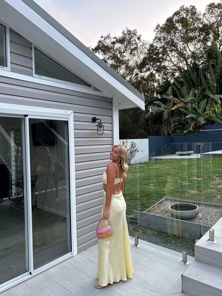 Luolandi Light Yellow Backless Satin Party Dress Wedding Guest Dress Formal Dress