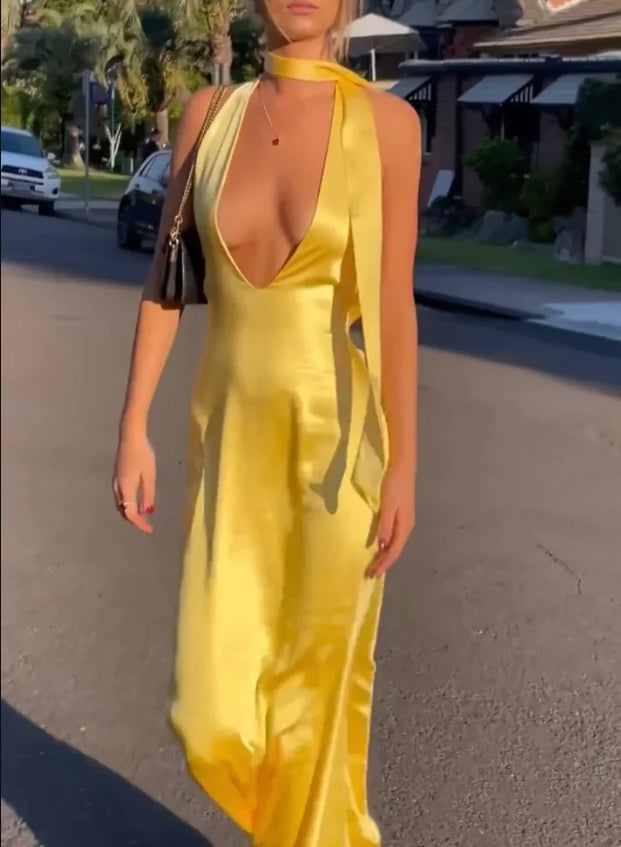 Luolandi Yellow Halter Backless Satin Elegant Long Party Dress Sexy Evening Dress