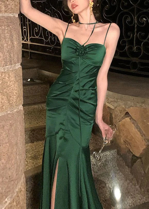 Luolandi Green Spaghetti Straps Mermaid Satin Long Party Dress Elegant Evening Dress