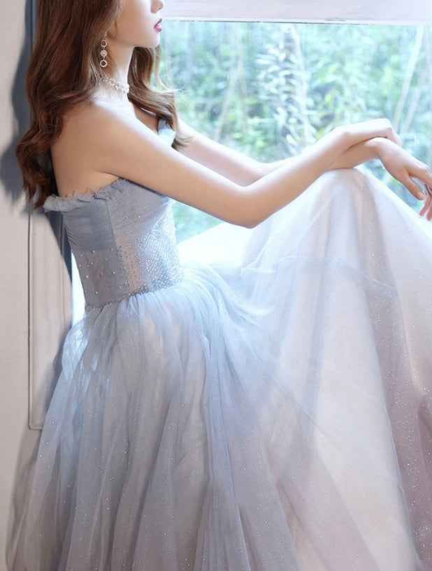 Luolandi Cute Strapless Tulle Long Prom Dress A-Line Formal Evening Dress Party Dress