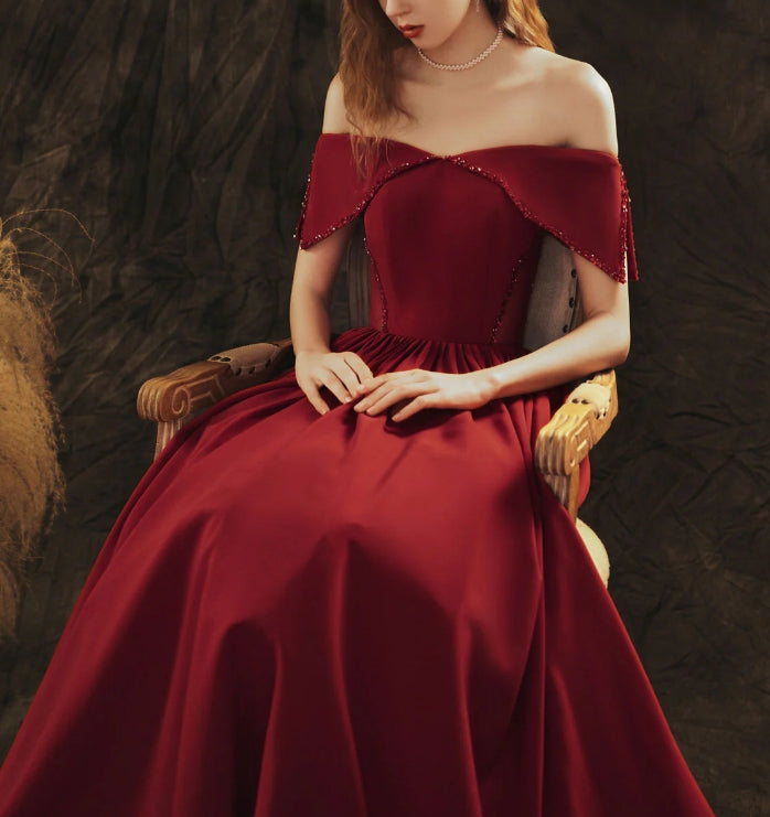 Luolandi A-Line Off Shoulder Satin Burgundy Long Prom Dress Formal Evening Dress december wedding guest dress