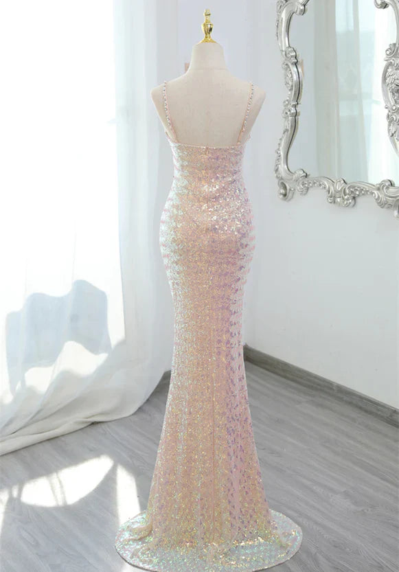 Luolandi Lovely Sequins Mermaid V-neckline Straps Party Dress Sequins Long Formal Dress Sparkly Evening Dress