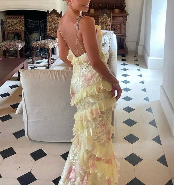 Luolandi Yellow Straps Ruffles Long Party Dress Weding Guest Dress Charming Evening Dress Formal Dress