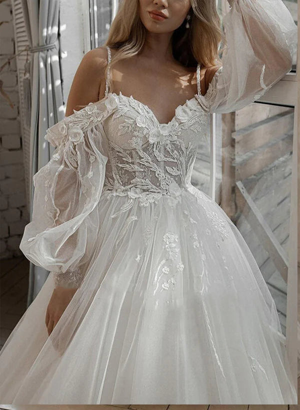 Luolandi Sweetheart Tulle Lace Sweep Train Wedding Dresses With Lace A Line Floor Length Elegant