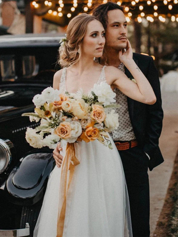 Luolandi Tulle V-neck Neckline A-line Wedding Dresses With Pearls Floor Length Sexy