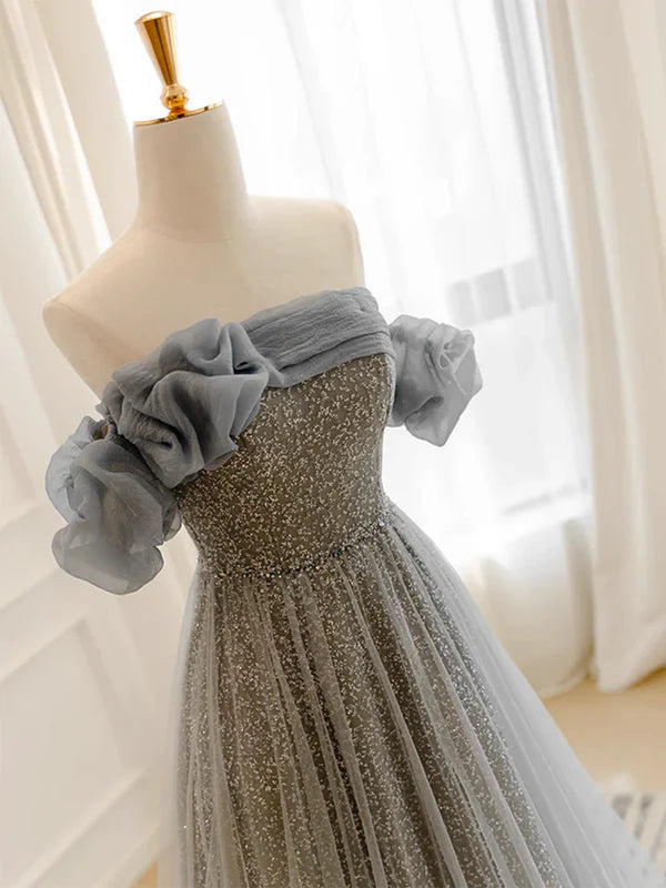 Luolandi A-Line Gray Tulle Sequin Long Prom Dress Formal Dress With Sweep Train Sparkly