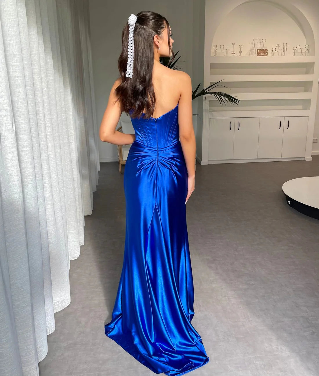 Luolandi Royal Blue Strapless Sexy Formal Evening Dress with Split Off Shoulder Party Dress Formal Dress
