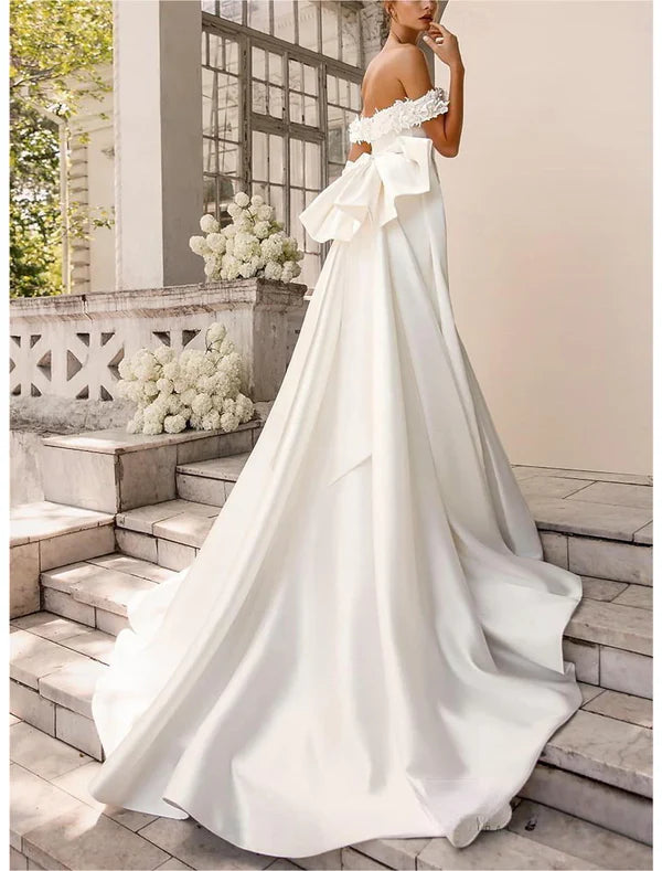 Luolandi Beach Formal Wedding Dresses Two Piece Square Neck Sleeveless Sweep / Brush Train Taffeta Bridal Gowns With Bow(s) Ivory