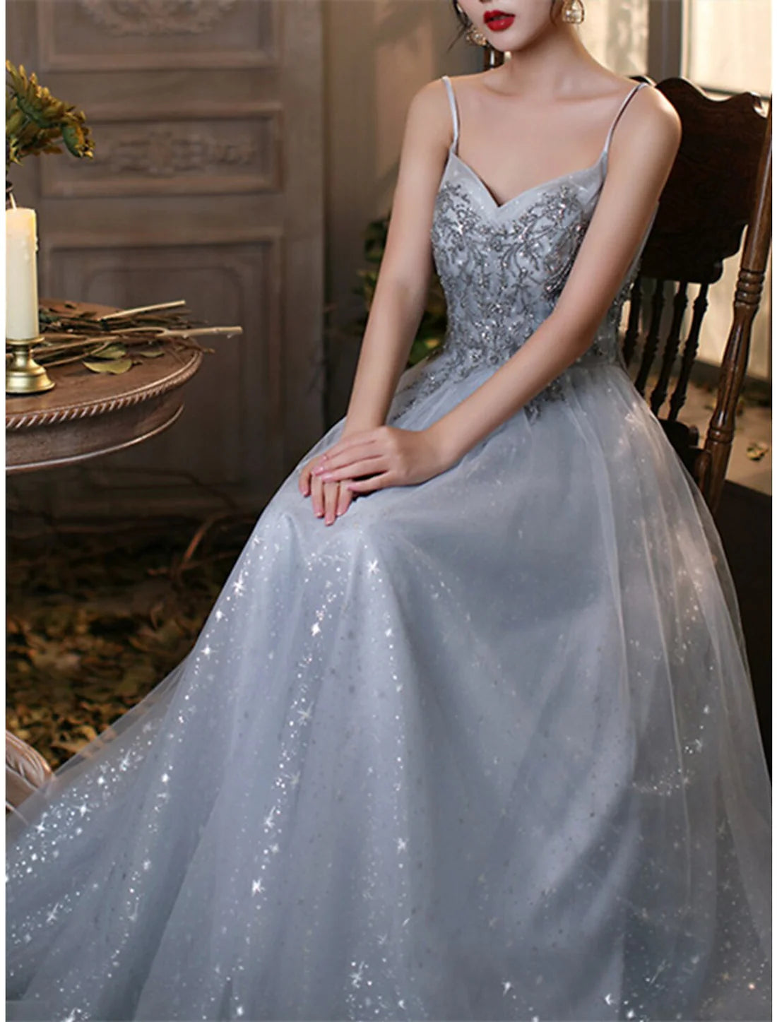 Luolandi A-Line Sparkle Elegant Prom Formal Evening Dress V Neck Sleeveless Floor Length Tulle with Pleats Beading Beautiful